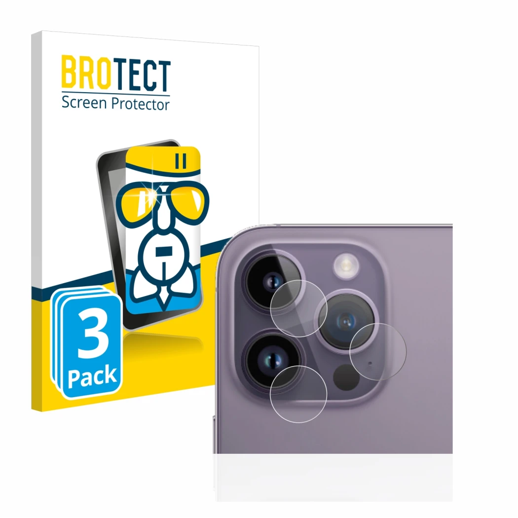 Front side of a product packaging with the brand logo BROTECT. Next to it is the device Apple iPhone 14 Pro Max (ONLY Camera L