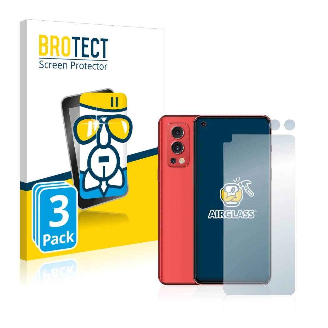 Front side of a product packaging with the brand logo BROTECT. Next to it is the device OnePlus Nord 2 5G (Front+Camera) shown