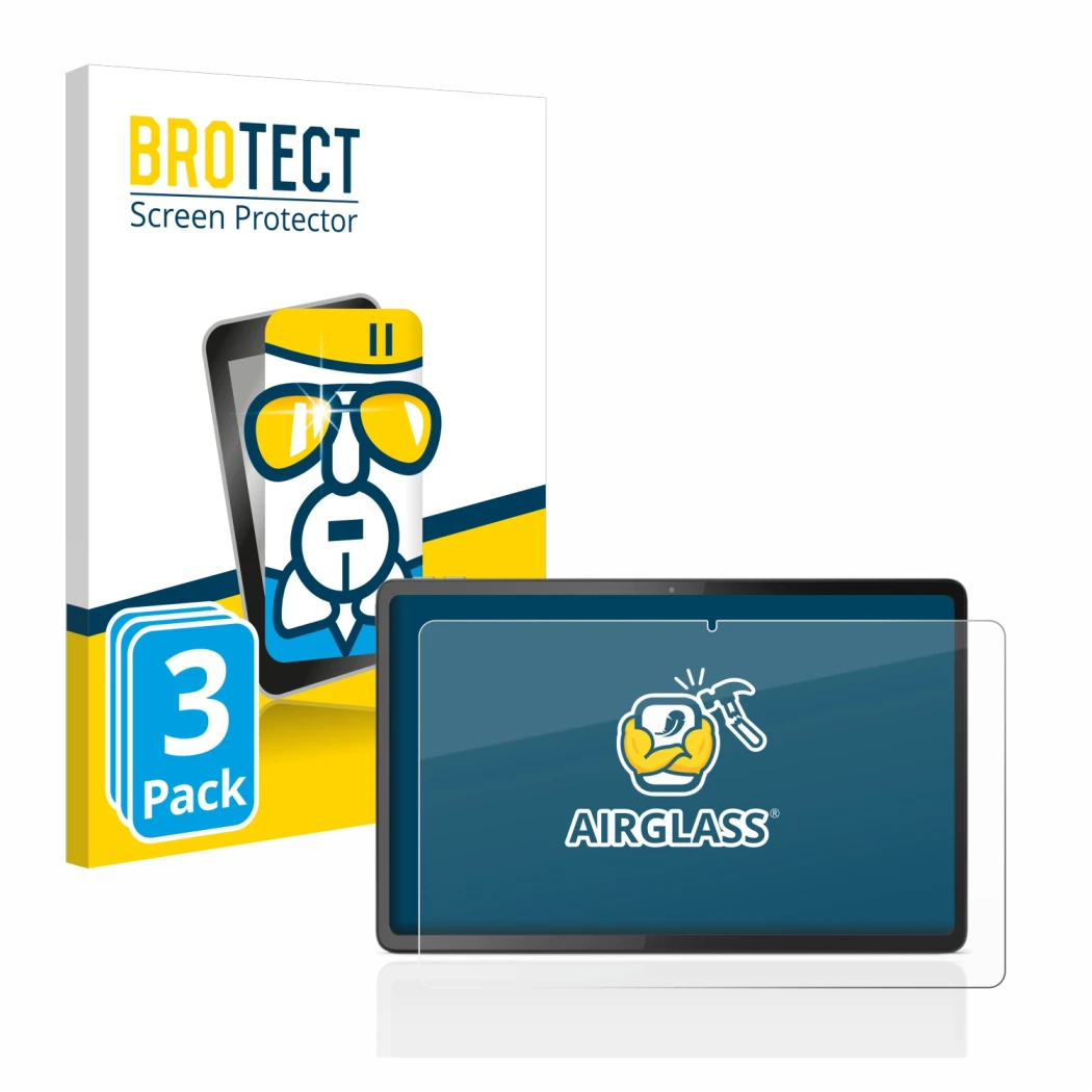 Front side of a product packaging with the brand logo BROTECT. Next to it is the device Lenovo Tab P11 Gen 2 shown with the co