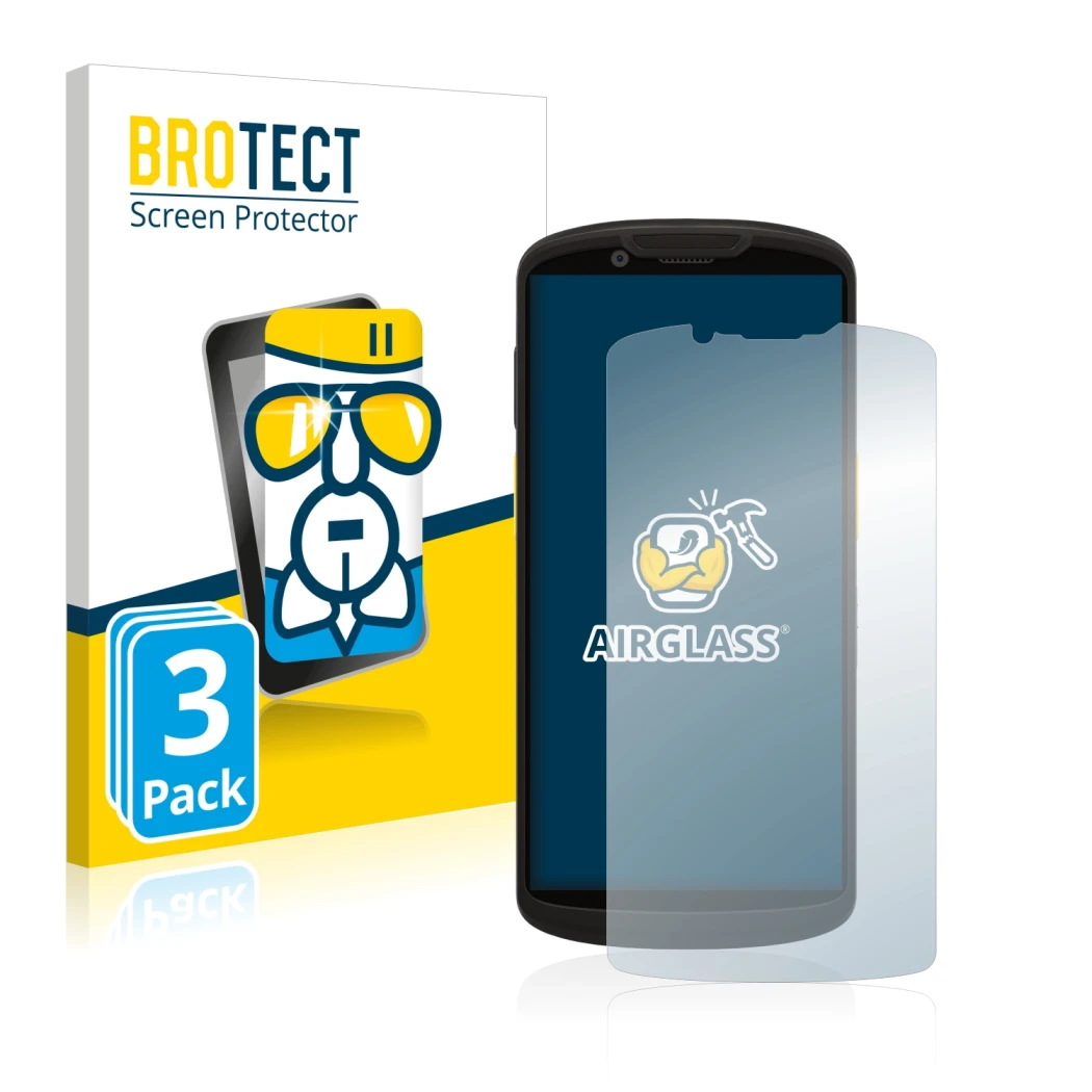 Front side of a product packaging with the brand logo BROTECT. Next to it is the device Zebra TC58 shown with the correspondin