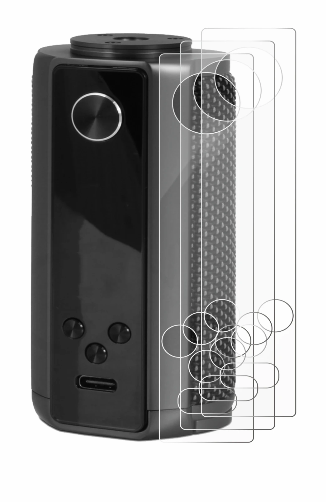 Image of the device Vaporesso Target 200 Mod with a wide variety of screen protectors.