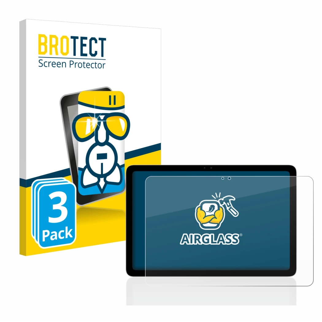 Front side of a product packaging with the brand logo BROTECT. Next to it is the device Google Pixel Tablet shown with the cor