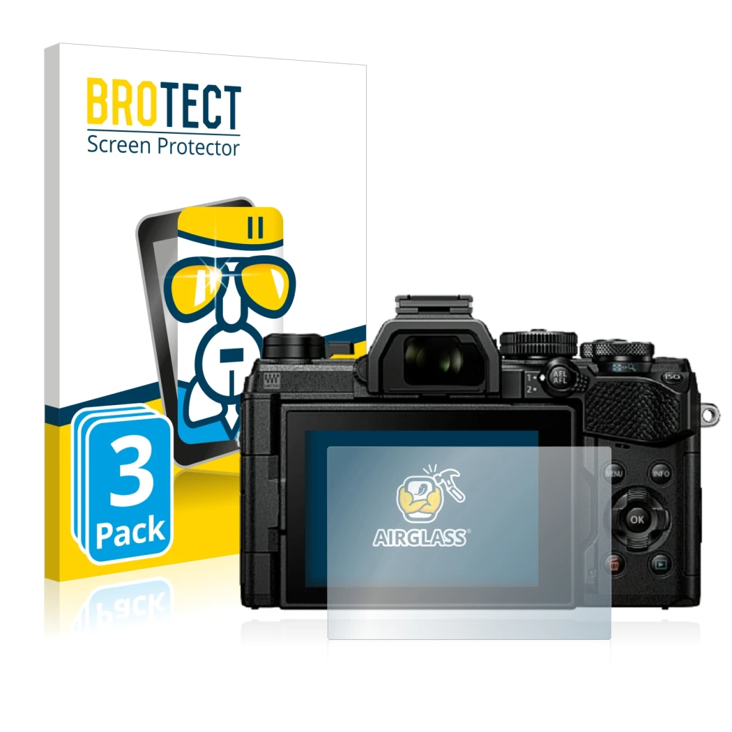 Front side of a product packaging with the brand logo BROTECT. Next to it is the device Olympus OM System OM-5 shown with the 