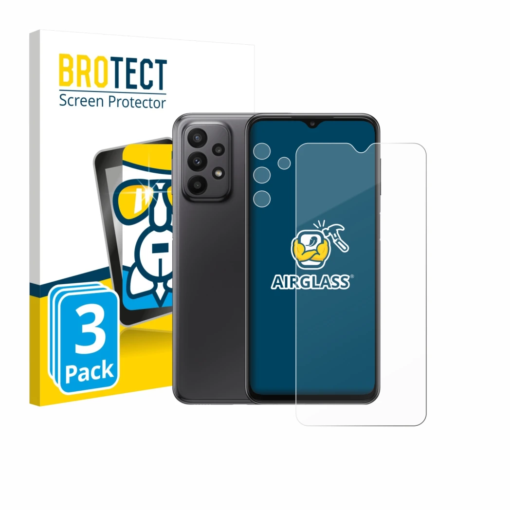 Front side of a product packaging with the brand logo BROTECT. Next to it is the device Samsung Galaxy A23 5G (Front+Camera) s