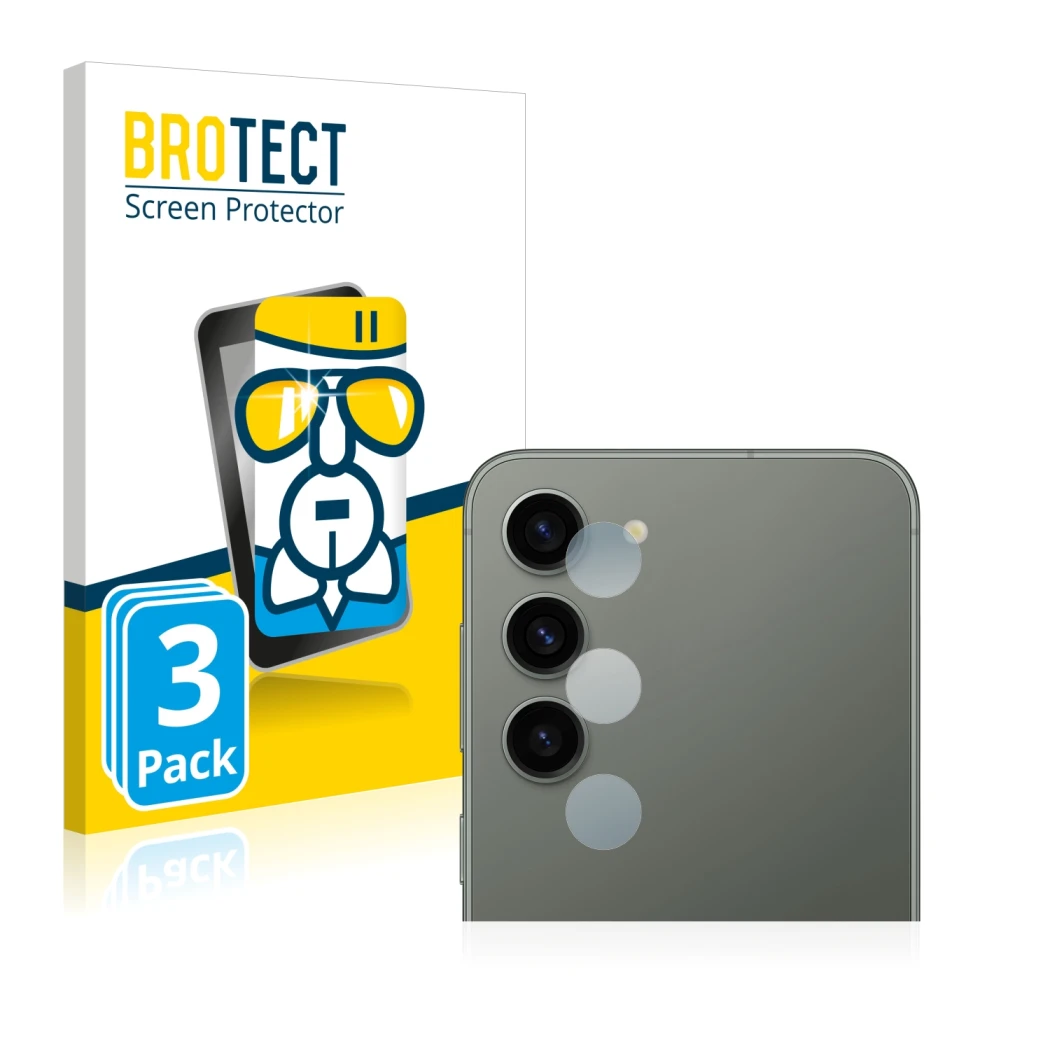 Front side of a product packaging with the brand logo BROTECT. Next to it is the device Samsung Galaxy S23 (ONLY Camera Lens) 