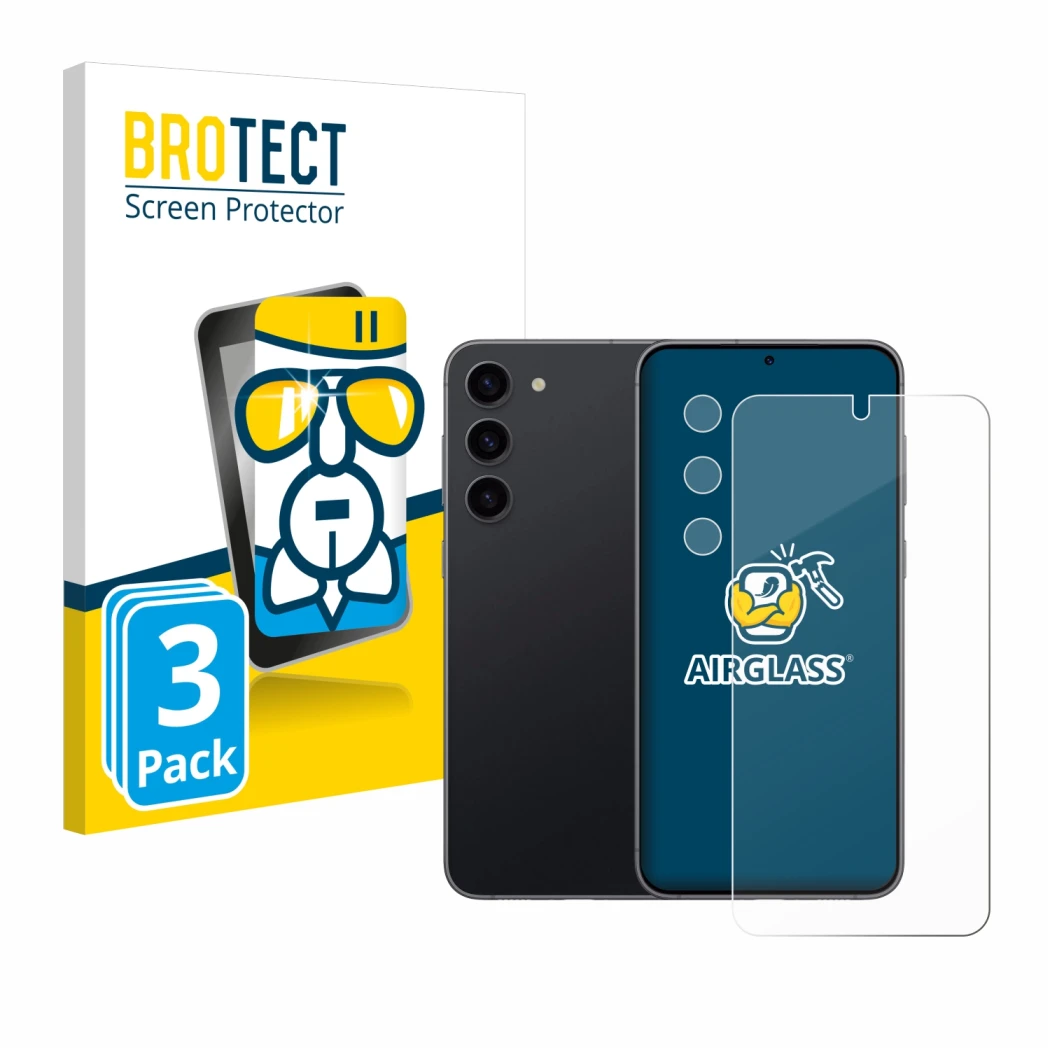 Front side of a product packaging with the brand logo BROTECT. Next to it is the device Samsung Galaxy S23 (Front+Camera) show