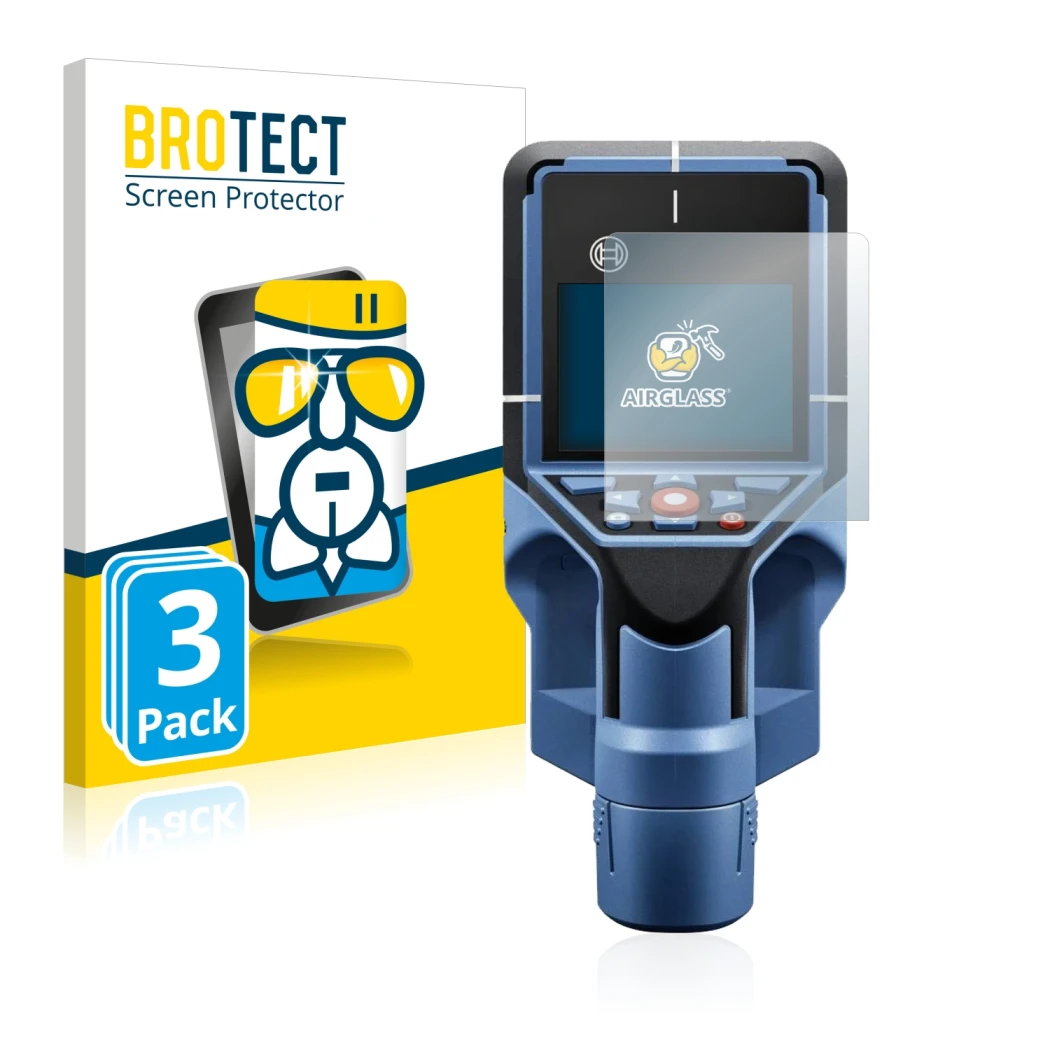 Front side of a product packaging with the brand logo BROTECT. Next to it is the device Bosch D-tect 200 C Wallscanner shown w