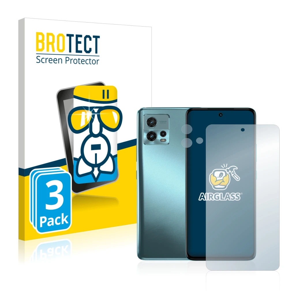 Front side of a product packaging with the brand logo BROTECT. Next to it is the device Motorola Moto G72 (Front+Camera) shown