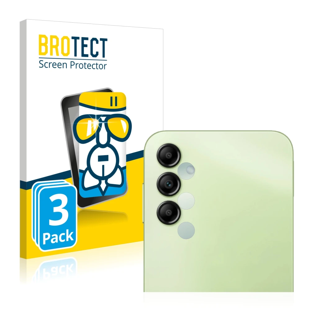 Front side of a product packaging with the brand logo BROTECT. Next to it is the device Samsung Galaxy A14 5G (ONLY Camera Len