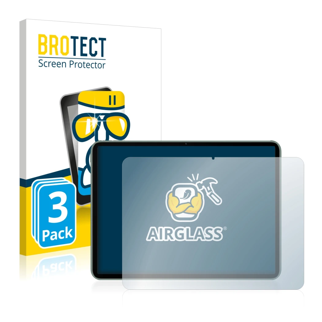 Front side of a product packaging with the brand logo BROTECT. Next to it is the device OnePlus Pad shown with the correspondi