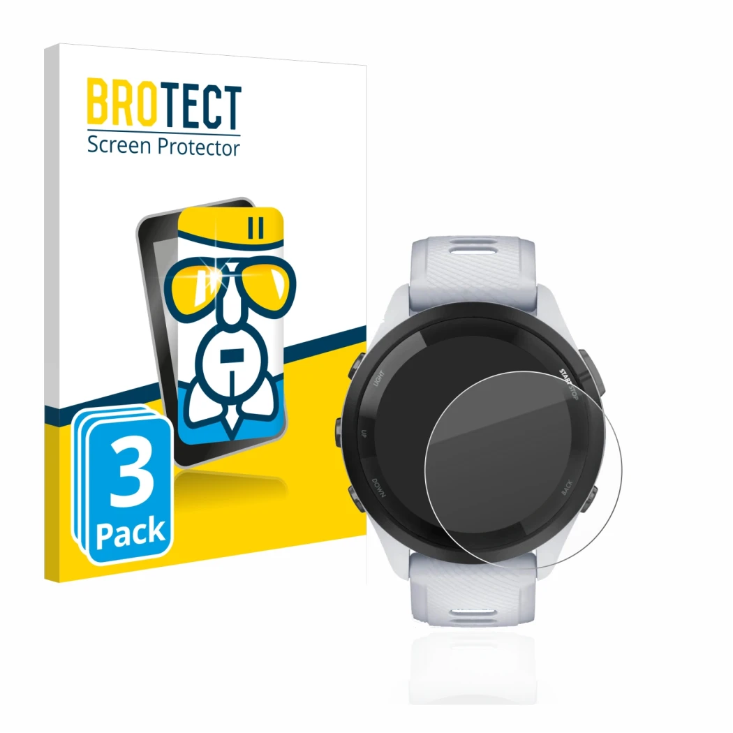 Front side of a product packaging with the brand logo BROTECT. Next to it is the device Garmin Forerunner 265 (46 mm) shown wi