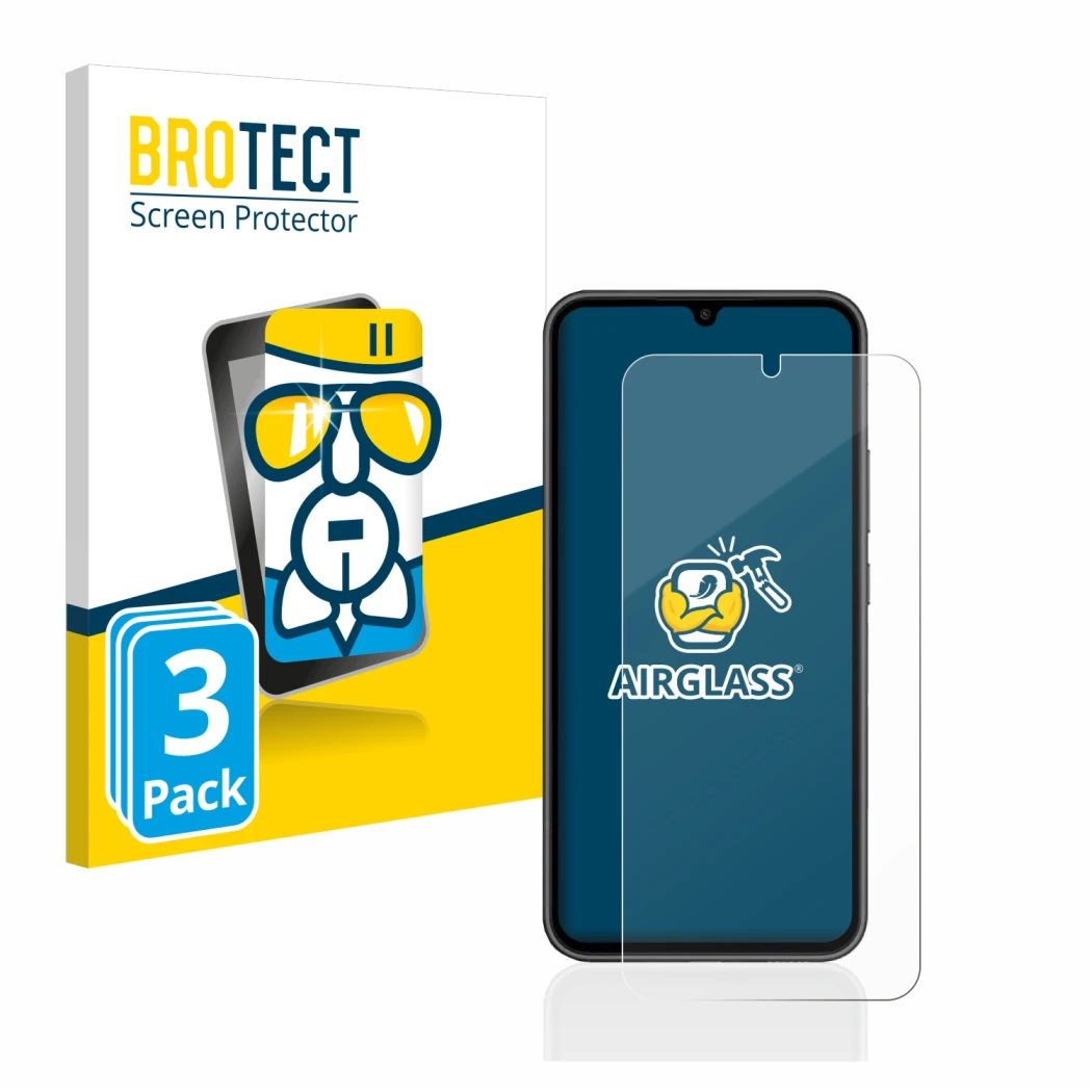Front side of a product packaging with the brand logo BROTECT. Next to it is the device Samsung Galaxy A34 5G shown with the c