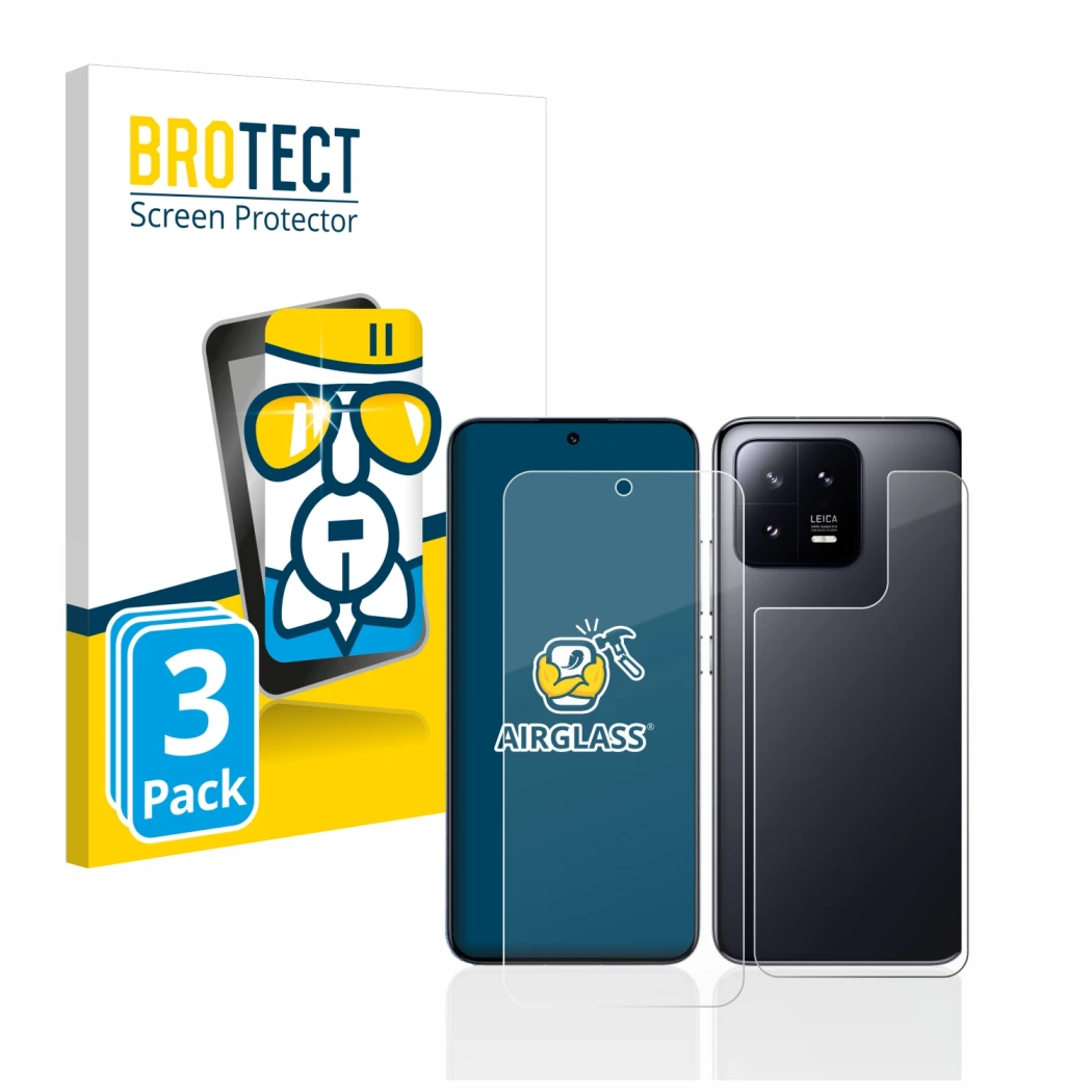 Front side of a product packaging with the brand logo BROTECT. Next to it is the device Xiaomi 13 (Front+Back) shown with the 