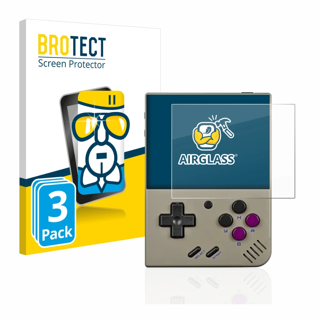 Front side of a product packaging with the brand logo BROTECT. Next to it is the device Miyoo Mini Plus shown with the corresp