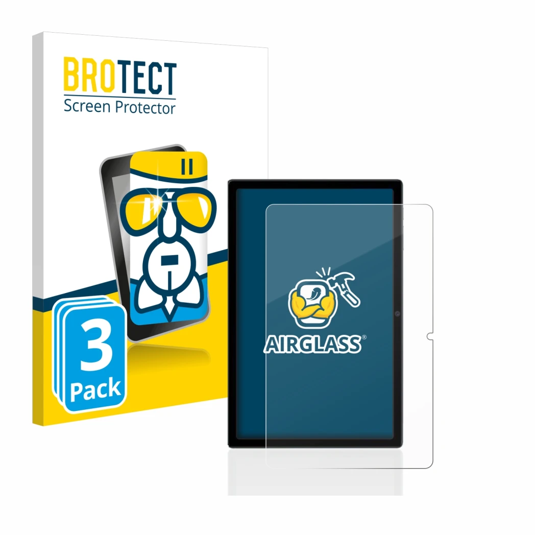 Front side of a product packaging with the brand logo BROTECT. Next to it is the device Blackview Tab 16 shown with the corres