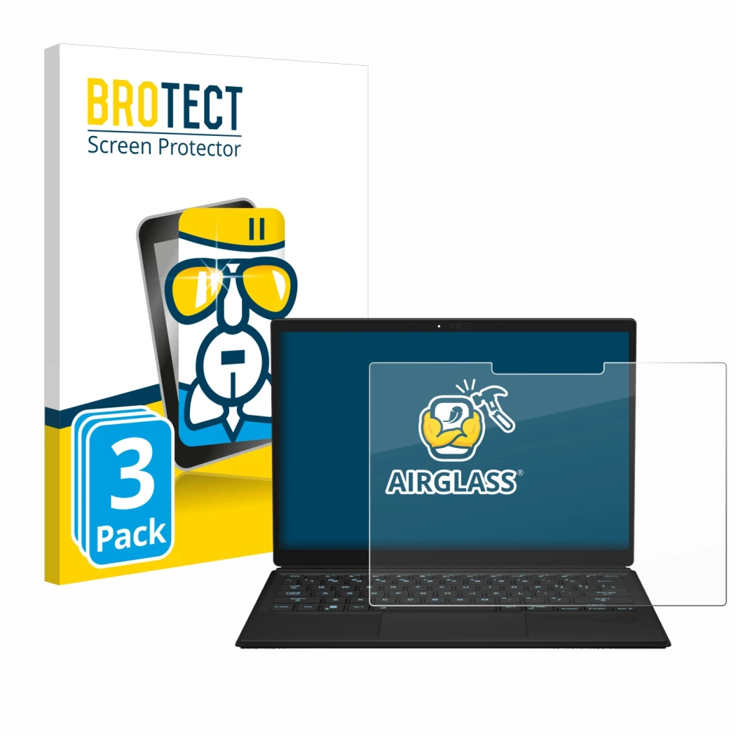 Front side of a product packaging with the brand logo BROTECT. Next to it is the device ASUS ROG Flow Z13 2023 shown with the 