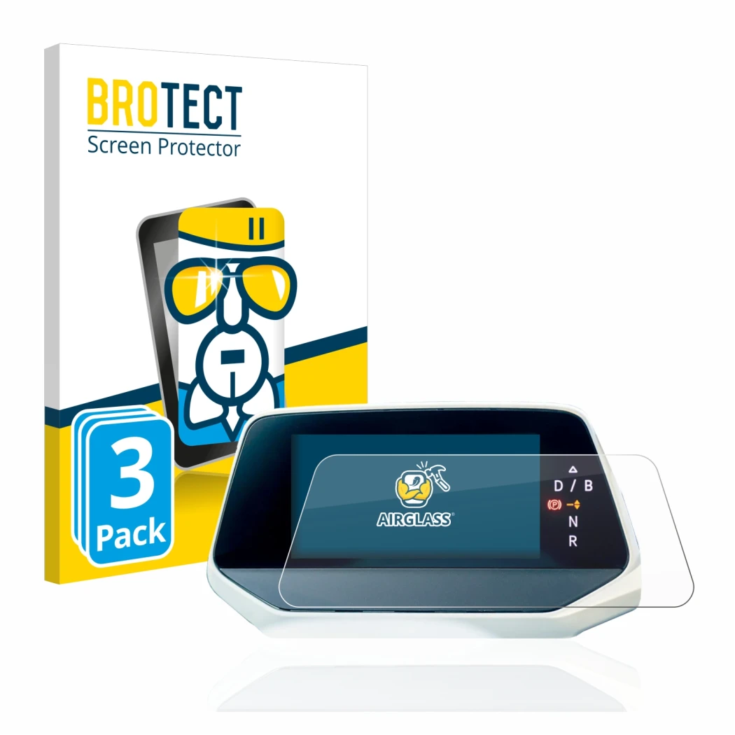 Front side of a product packaging with the brand logo BROTECT. Next to it is the device Volkswagen ID.4 Digitalcockpit shown w