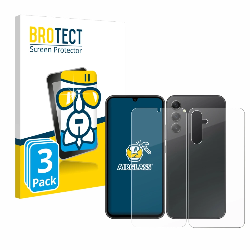 Front side of a product packaging with the brand logo BROTECT. Next to it is the device Samsung Galaxy A34 5G (Front+Back) sho