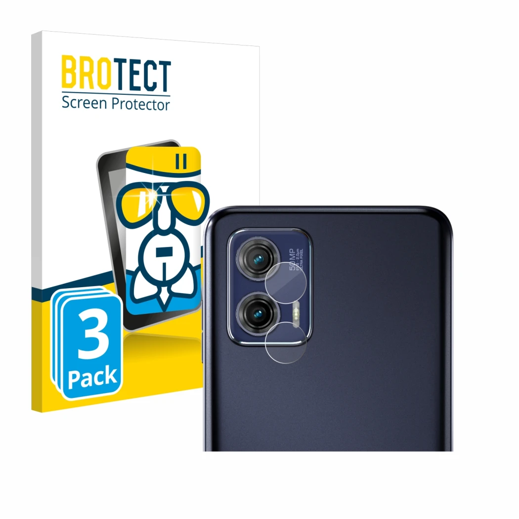 Front side of a product packaging with the brand logo BROTECT. Next to it is the device Motorola Moto G73 5G (ONLY Camera Lens