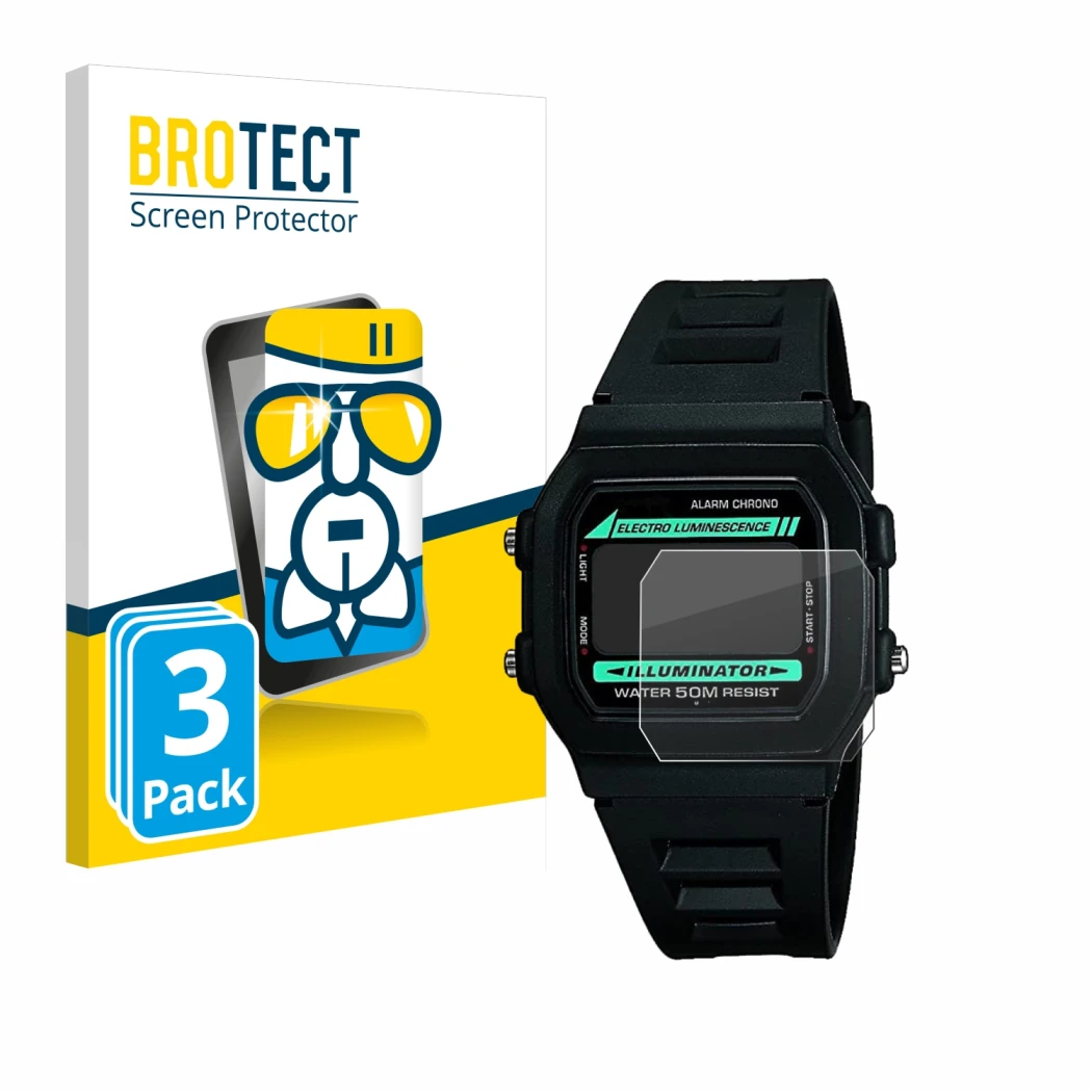Front side of a product packaging with the brand logo BROTECT. Next to it is the device Casio W-86-1VQES shown with the corres