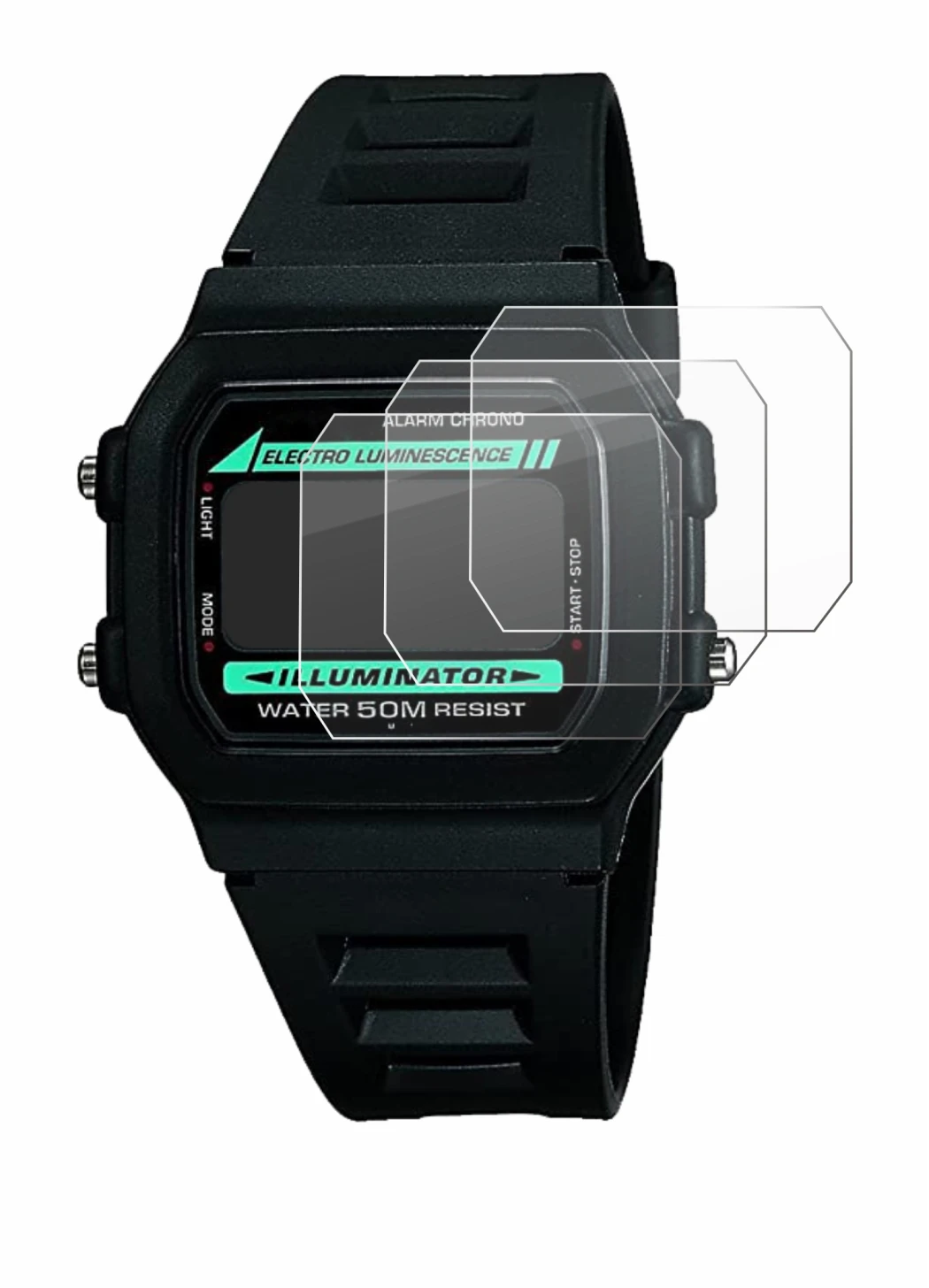Image of the device Casio W-86-1VQES with a wide variety of screen protectors.