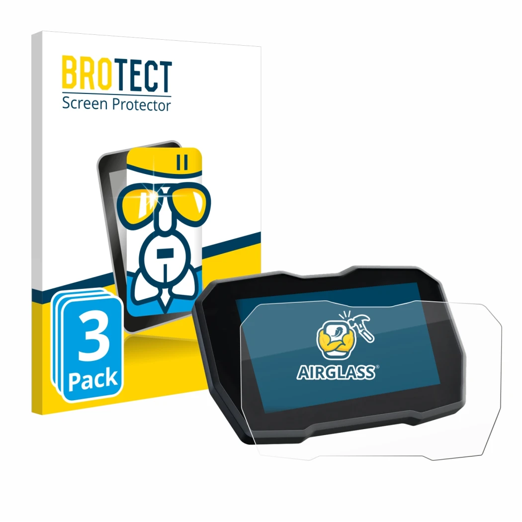 Front side of a product packaging with the brand logo BROTECT. Next to it is the device Ducati Multistrada V4 2021+ shown with