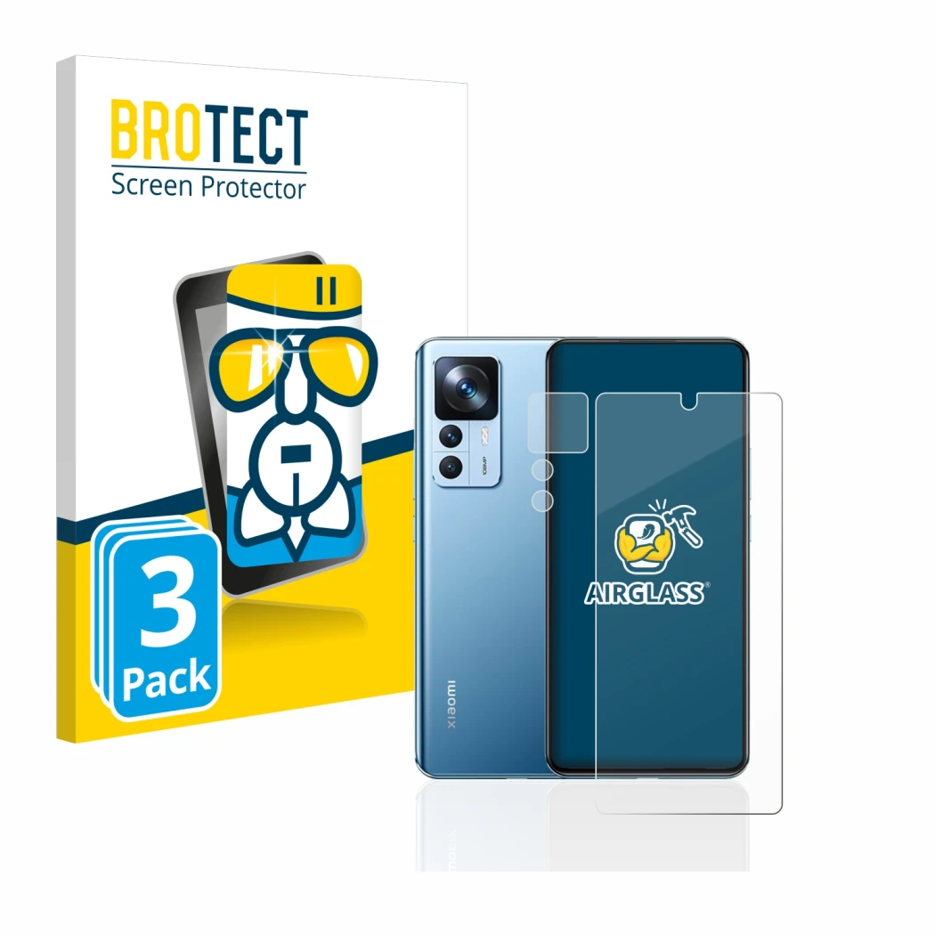 Front side of a product packaging with the brand logo BROTECT. Next to it is the device Xiaomi 12T (Front+Camera) shown with t