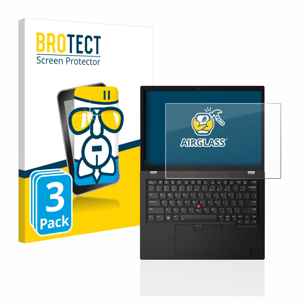 Front side of a product packaging with the brand logo BROTECT. Next to it is the device Lenovo Thinkpad L13 Gen 3 shown with t