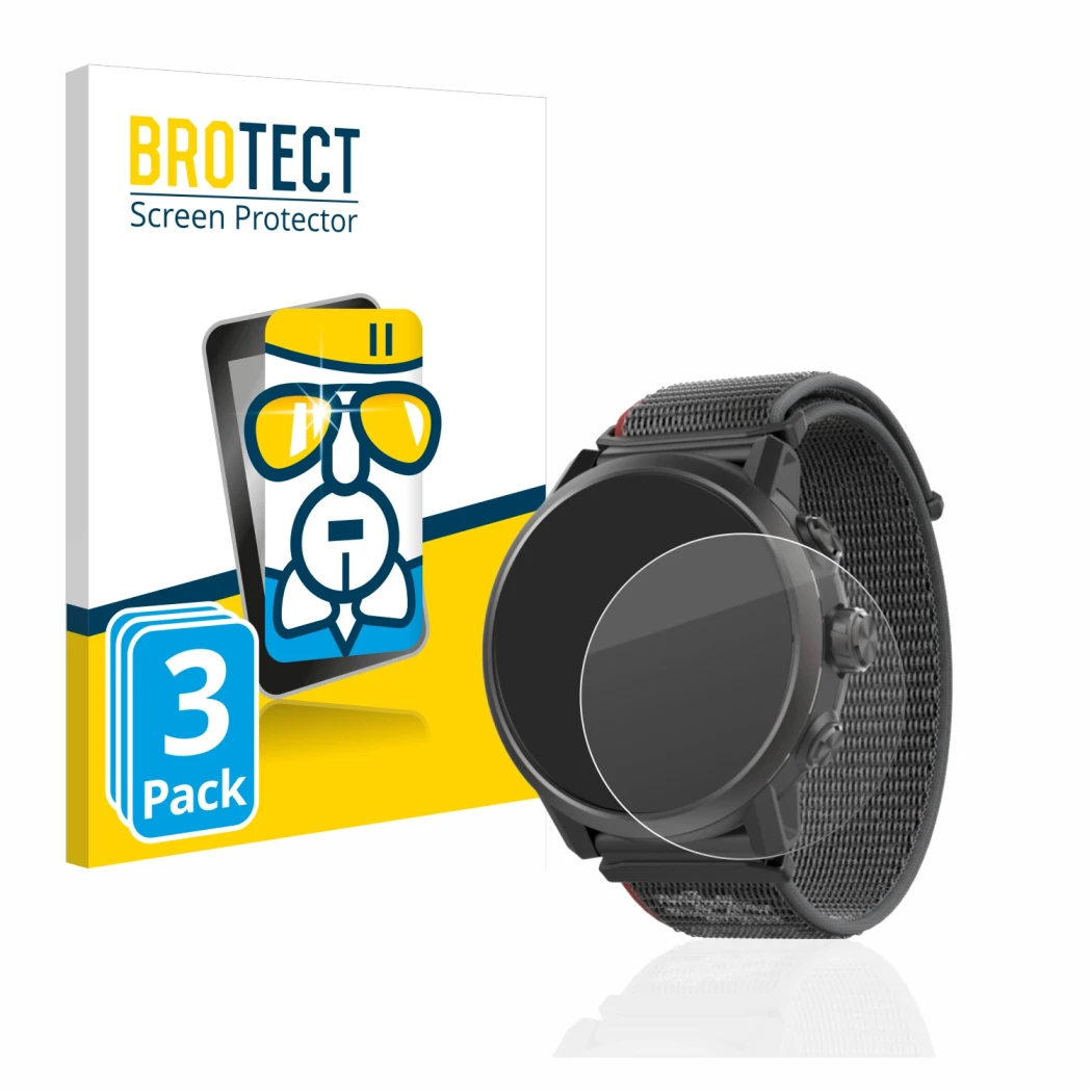 Front side of a product packaging with the brand logo BROTECT. Next to it is the device Coros Apex 2 shown with the correspond