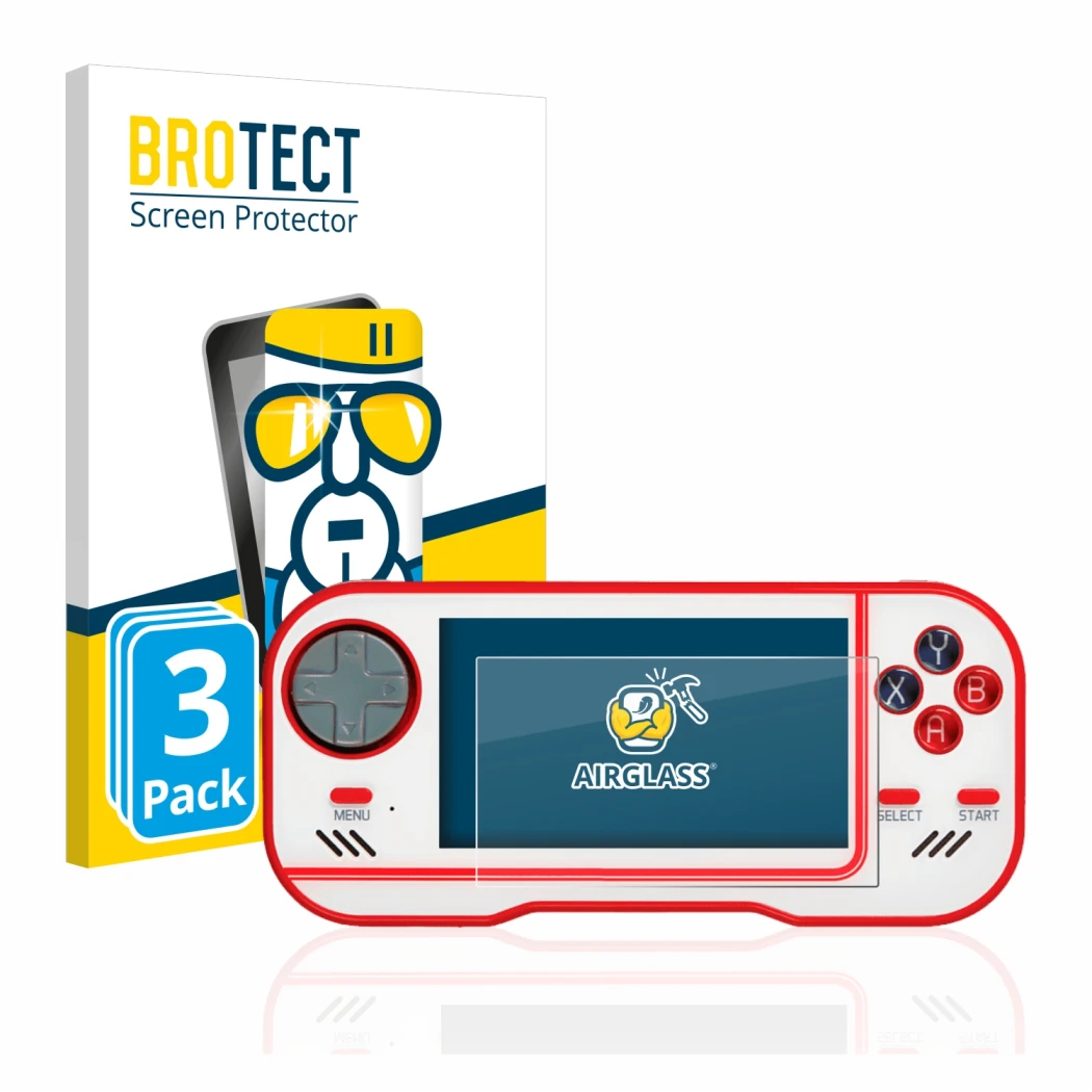 Front side of a product packaging with the brand logo BROTECT. Next to it is the device Blaze Evercade shown with the correspo
