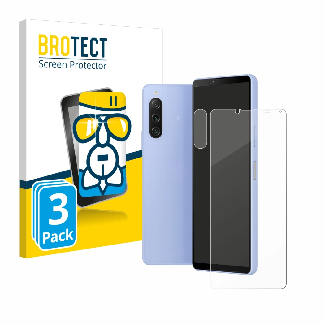 Front side of a product packaging with the brand logo BROTECT. Next to it is the device Sony Xperia 10 V (Front+Camera) shown 