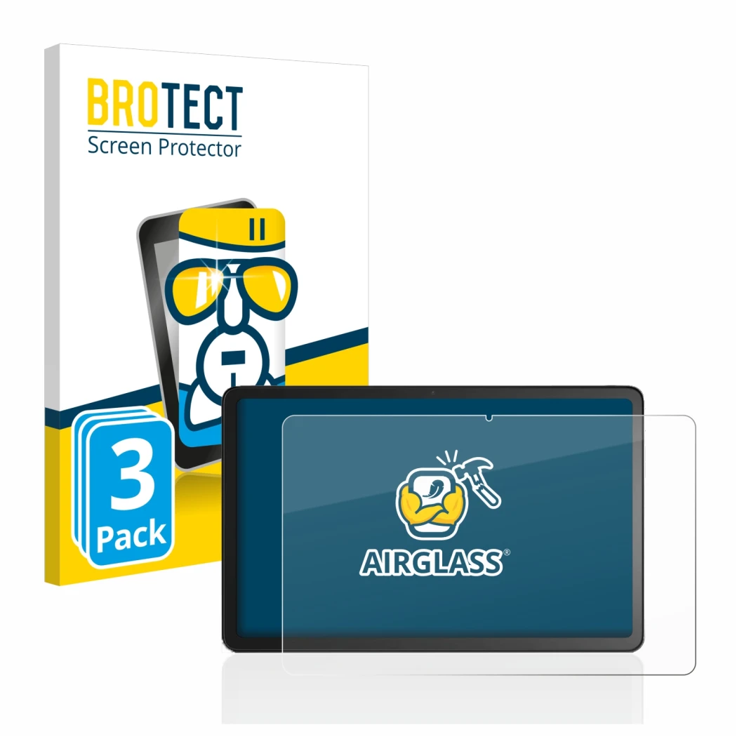 Front side of a product packaging with the brand logo BROTECT. Next to it is the device Amazon Fire Max 11 shown with the corr