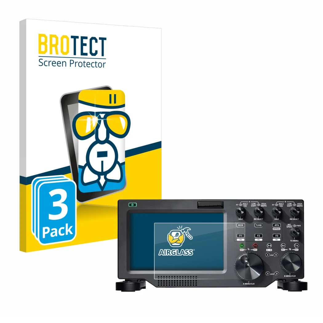 Front side of a product packaging with the brand logo BROTECT. Next to it is the device FlexRadio Maestro FLEX-6000 shown with