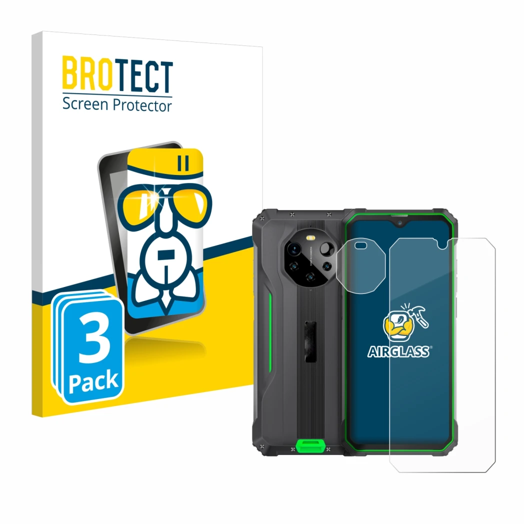 Front side of a product packaging with the brand logo BROTECT. Next to it is the device Blackview BL8800 5G (Front+Camera) sho