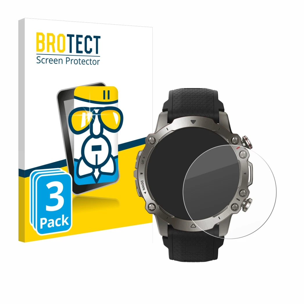 Front side of a product packaging with the brand logo BROTECT. Next to it is the device Huami Amazfit Falcon shown with the co