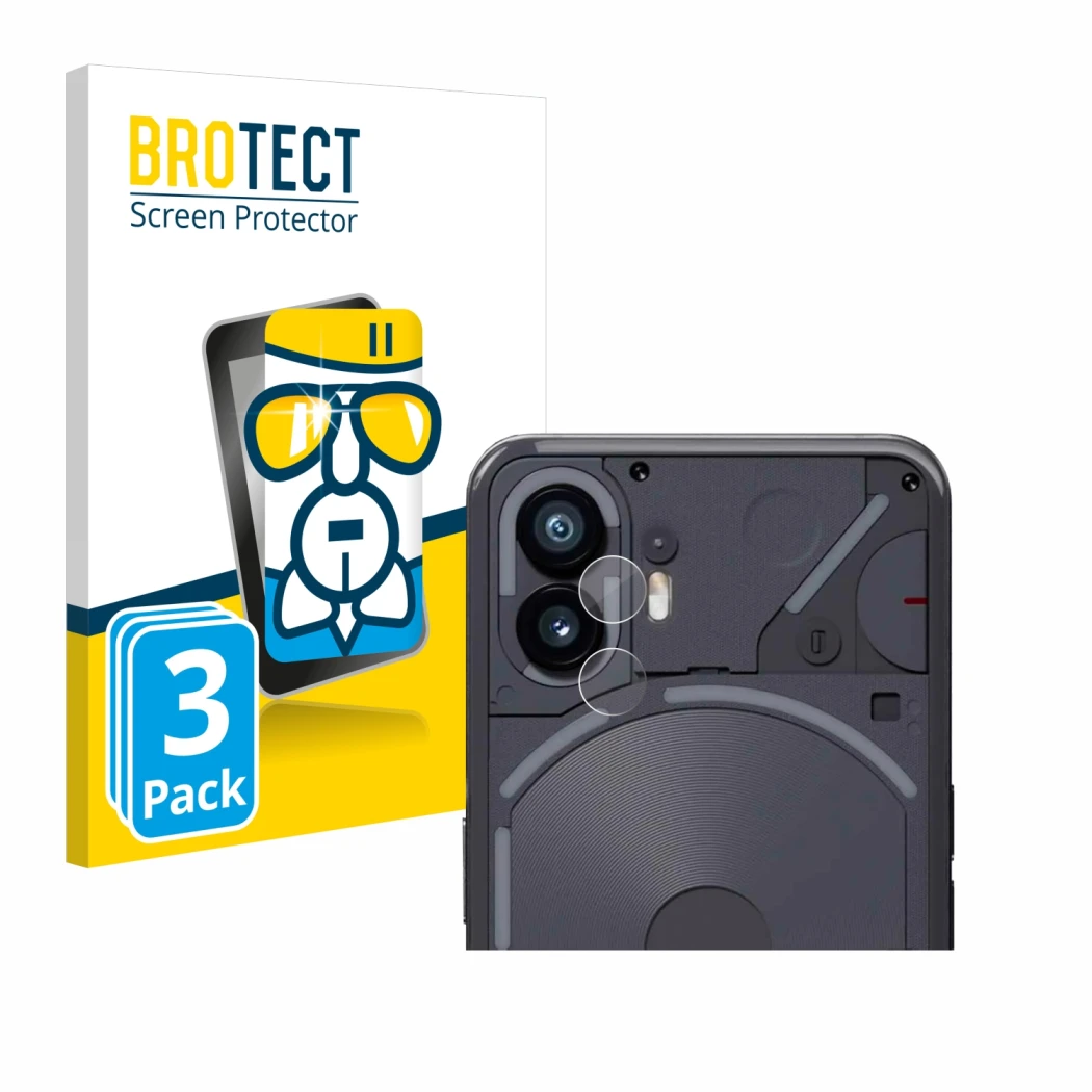 Front side of a product packaging with the brand logo BROTECT. Next to it is the device Nothing Phone (2) (ONLY Camera Lens) s