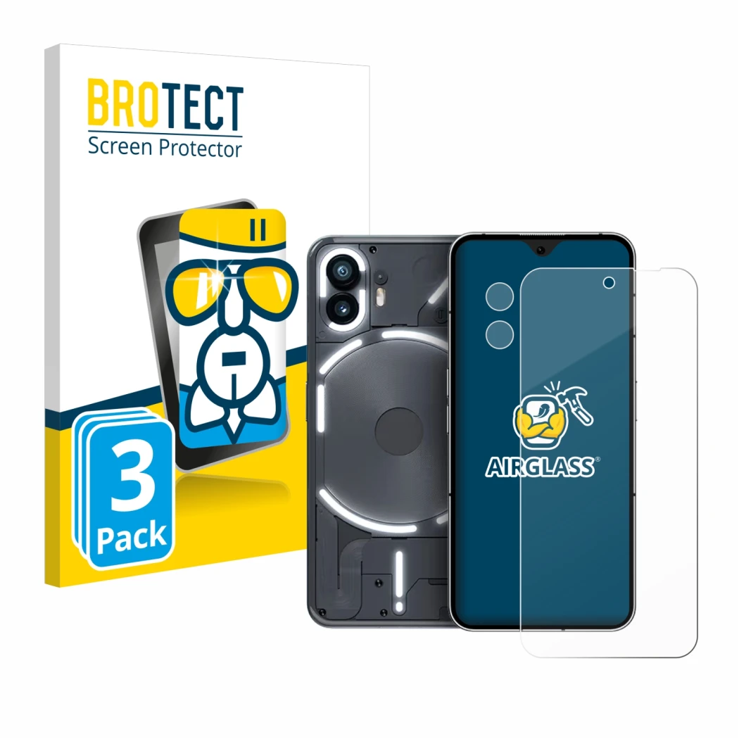 Front side of a product packaging with the brand logo BROTECT. Next to it is the device Nothing Phone (2) (Front+Camera) shown