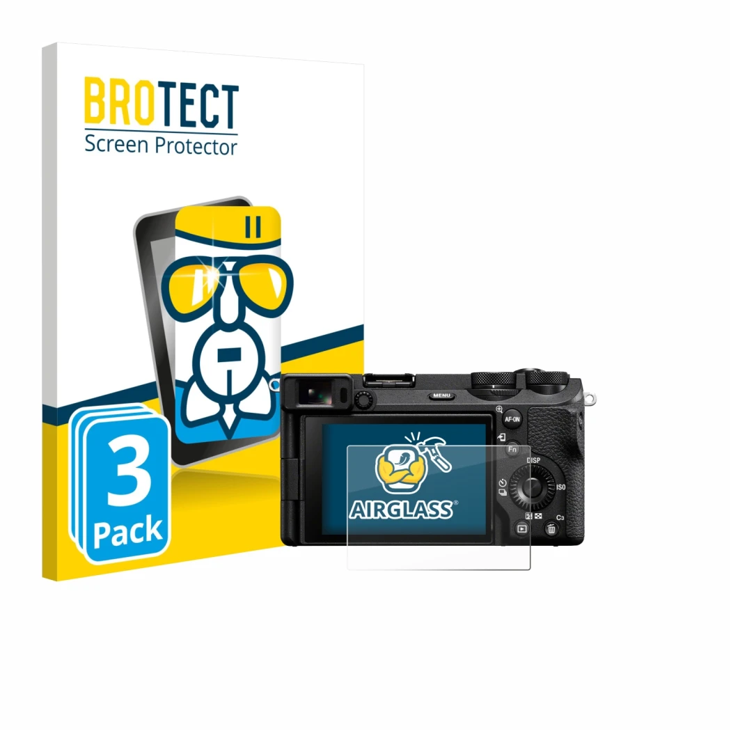 Front side of a product packaging with the brand logo BROTECT. Next to it is the device Sony Alpha 6700 shown with the corresp