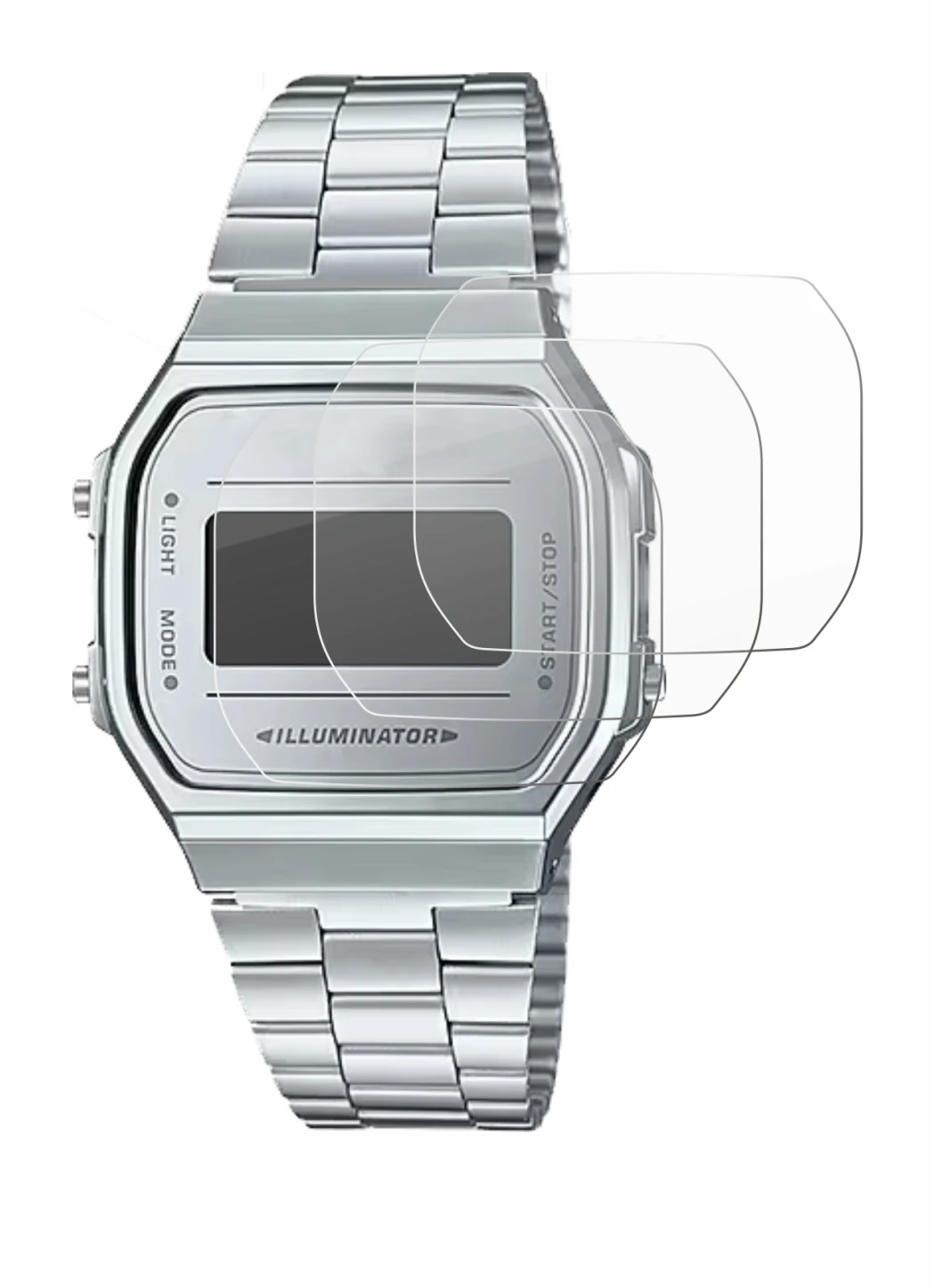 Image of the device Casio A168WEM-7EF with a wide variety of screen protectors.