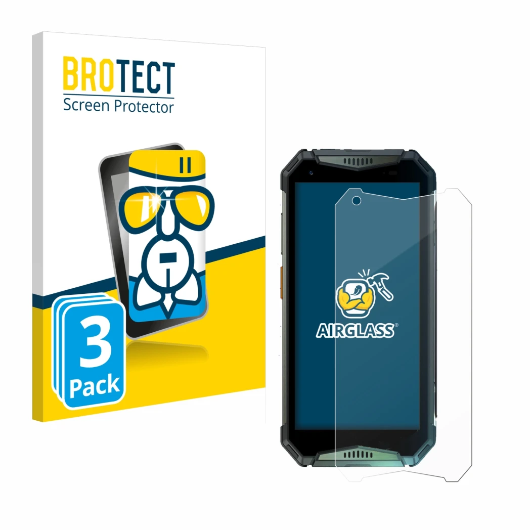 Front side of a product packaging with the brand logo BROTECT. Next to it is the device Ulefone Armor 20WT shown with the corr