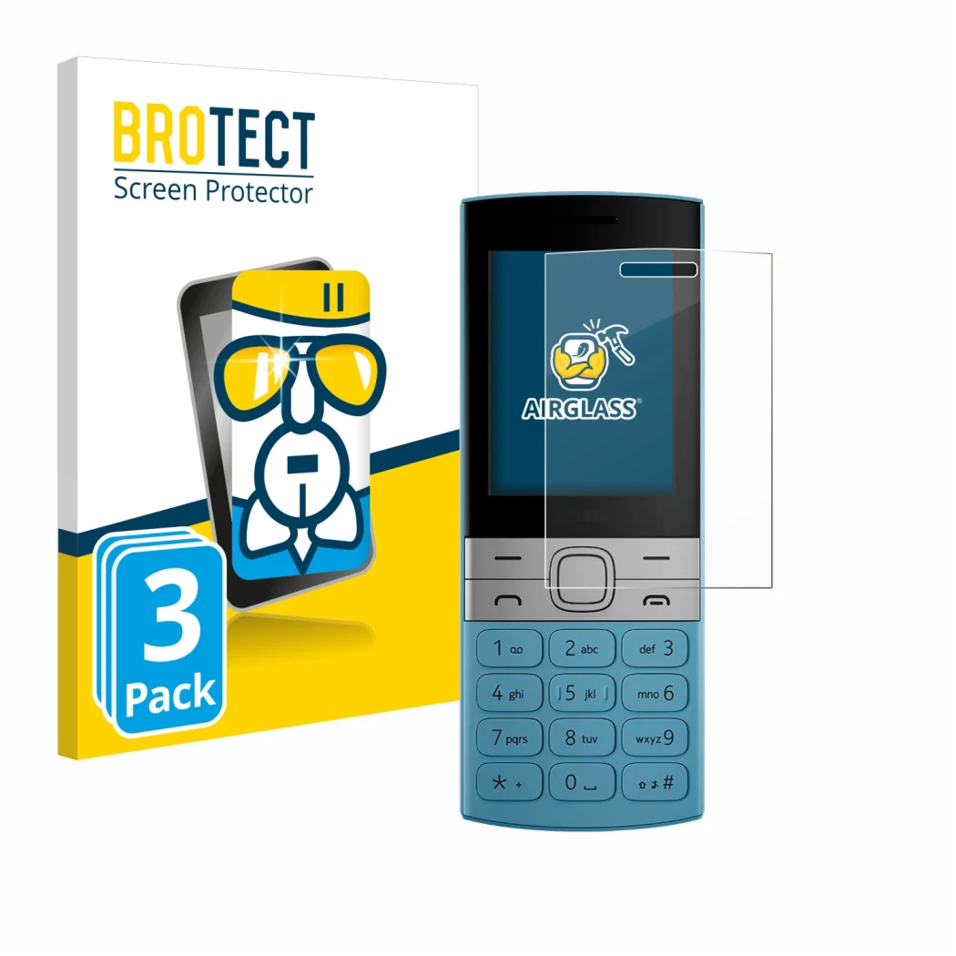 Front side of a product packaging with the brand logo BROTECT. Next to it is the device Nokia 150 (2023) shown with the corres