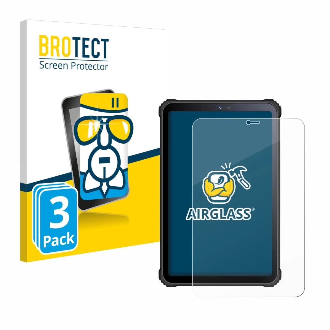 Front side of a product packaging with the brand logo BROTECT. Next to it is the device Oukitel RT3 shown with the correspondi