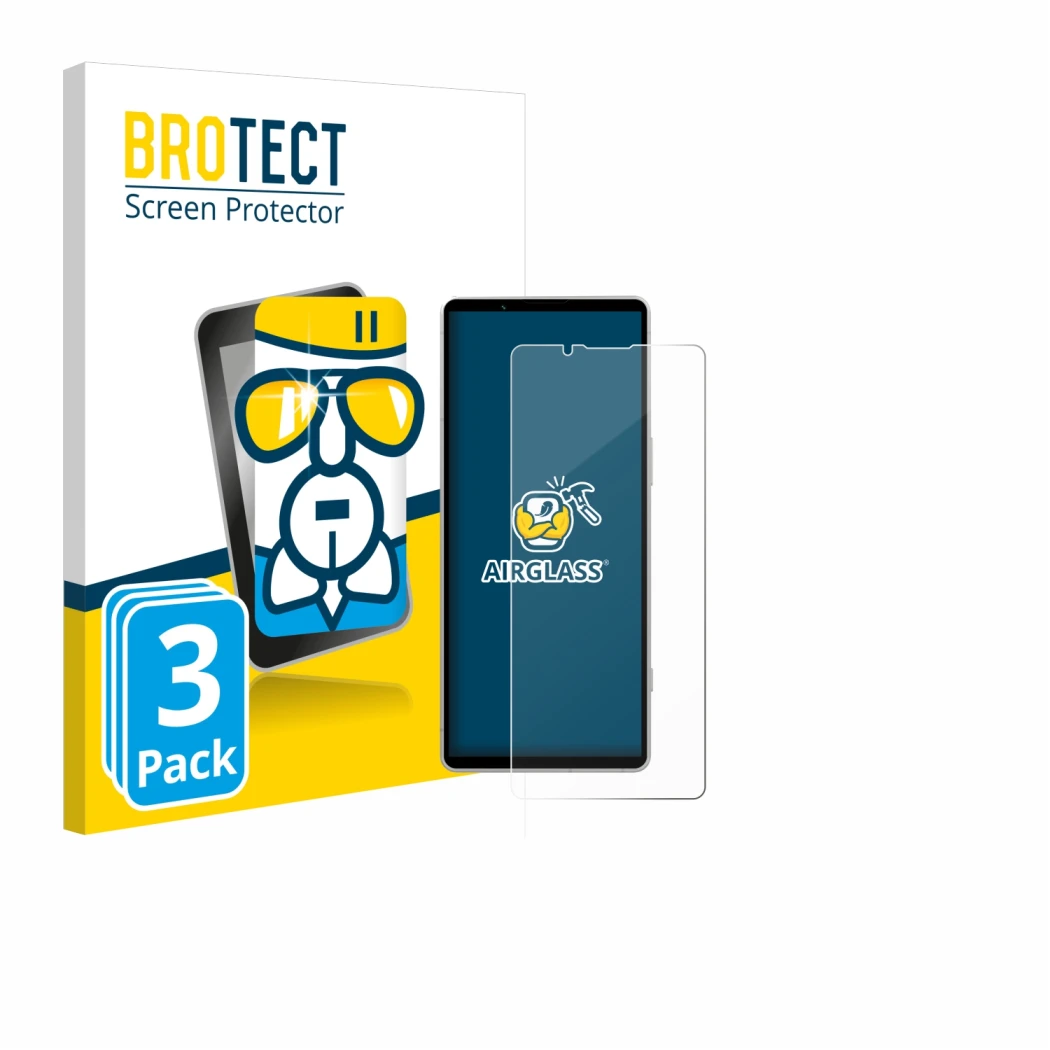 Front side of a product packaging with the brand logo BROTECT. Next to it is the device Sony Xperia 5 V shown with the corresp