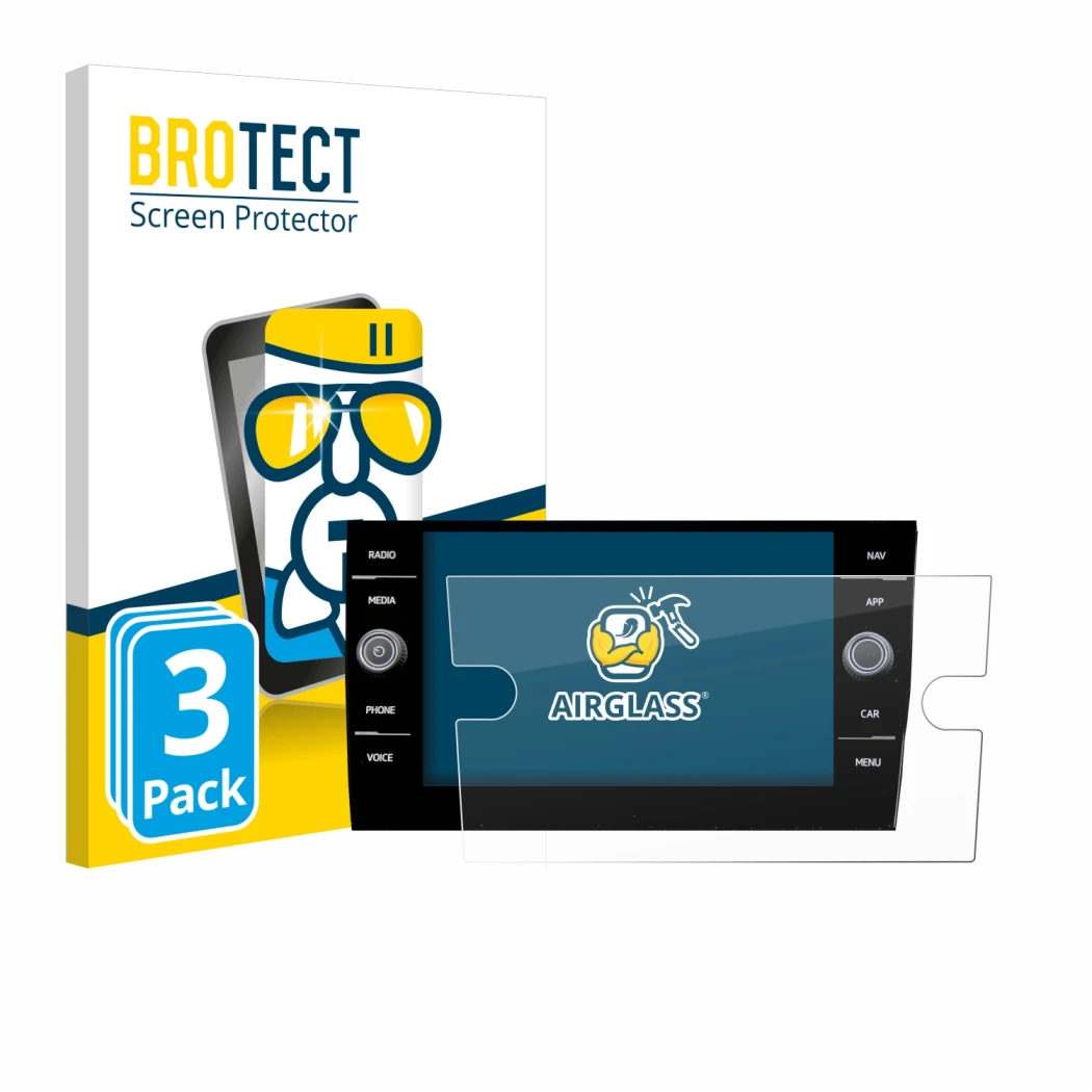 Front side of a product packaging with the brand logo BROTECT. Next to it is the device Volkswagen Taigo Discover Media 8” 202