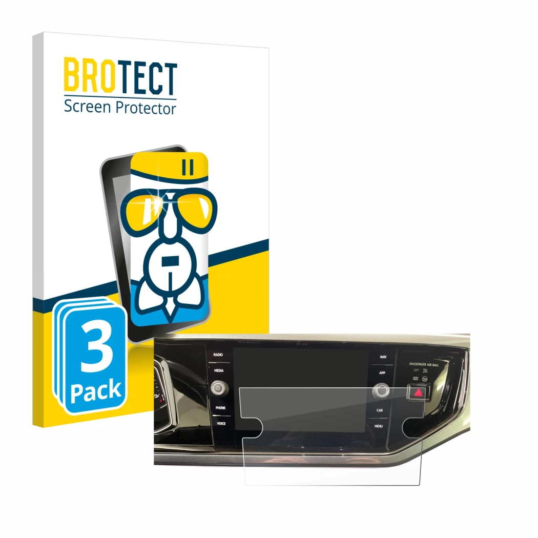 Front side of a product packaging with the brand logo BROTECT. Next to it is the device Volkswagen Polo VI Ready 2 Discover 8