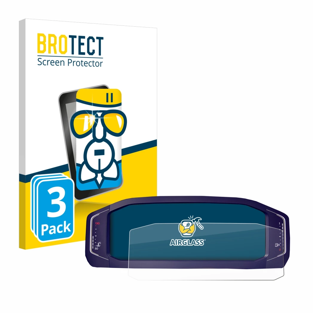Front side of a product packaging with the brand logo BROTECT. Next to it is the device Volkswagen Passat B8 Digital Cockpit 1