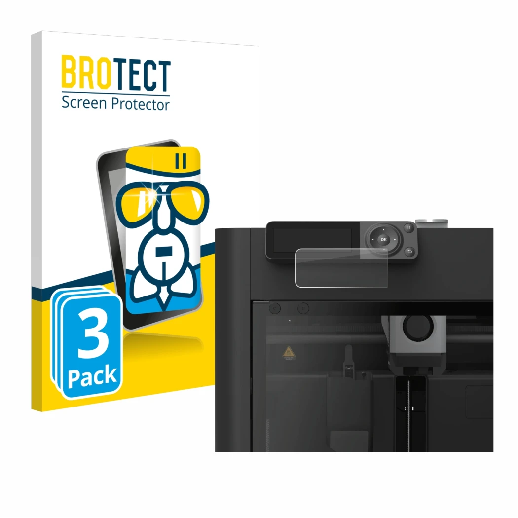 Front side of a product packaging with the brand logo BROTECT. Next to it is the device Bambu Lab P1S 3D Printer shown with th