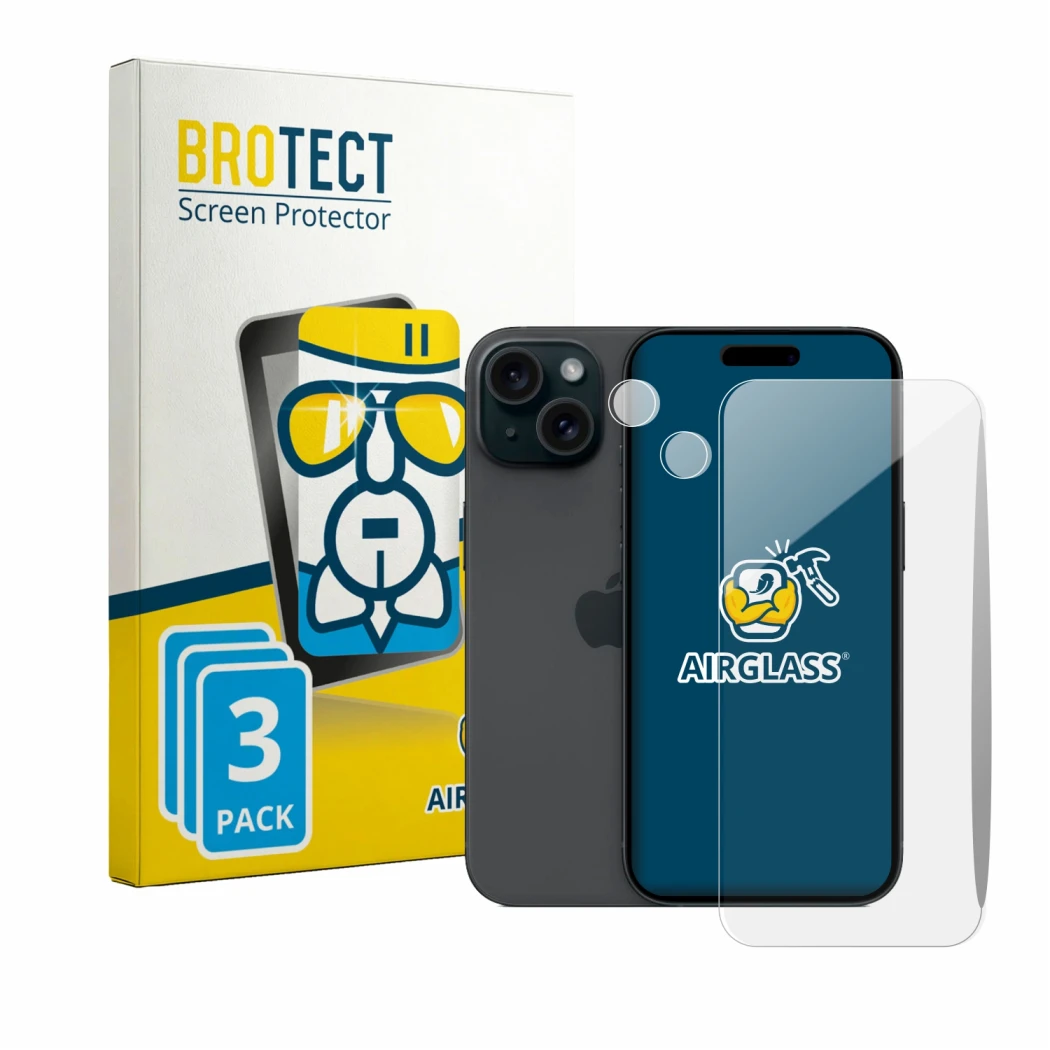 Front side of a product packaging with the brand logo BROTECT. Next to it is the device Apple iPhone 15 (Front+Camera) shown w