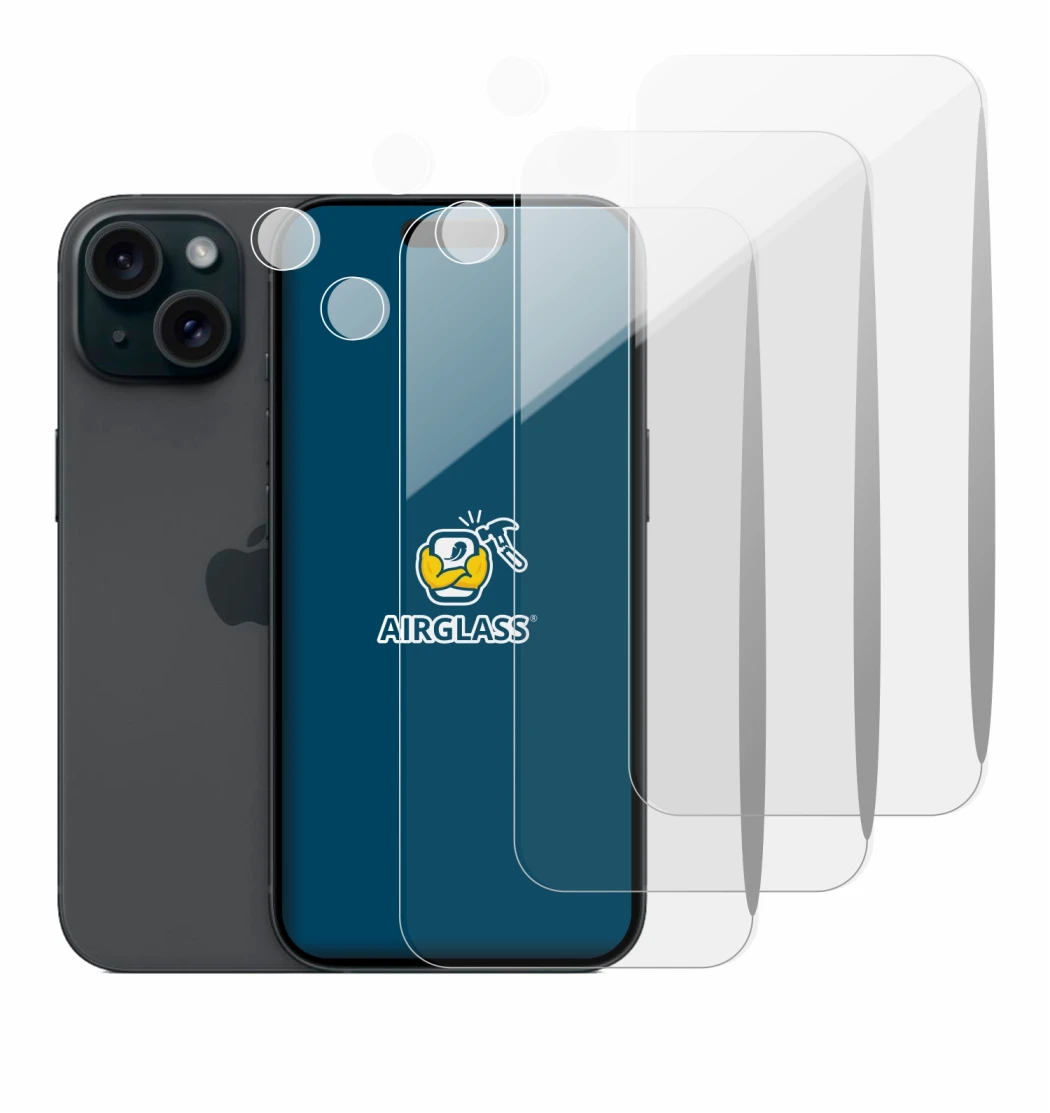 Image of the device Apple iPhone 15 (Front+Camera) with a wide variety of screen protectors.
