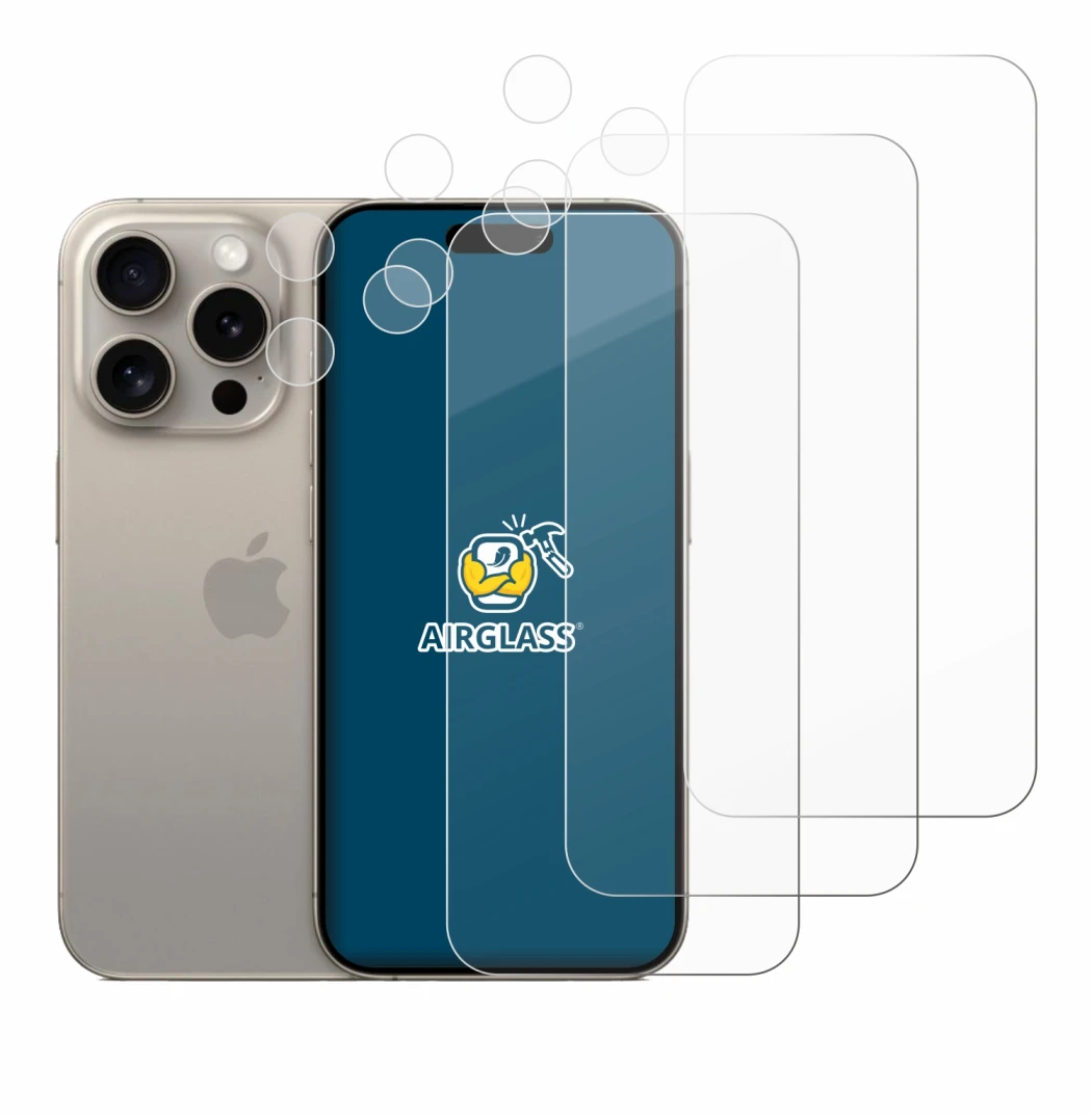 Image of the device Apple iPhone 15 Pro (Front+Camera) with a wide variety of screen protectors.